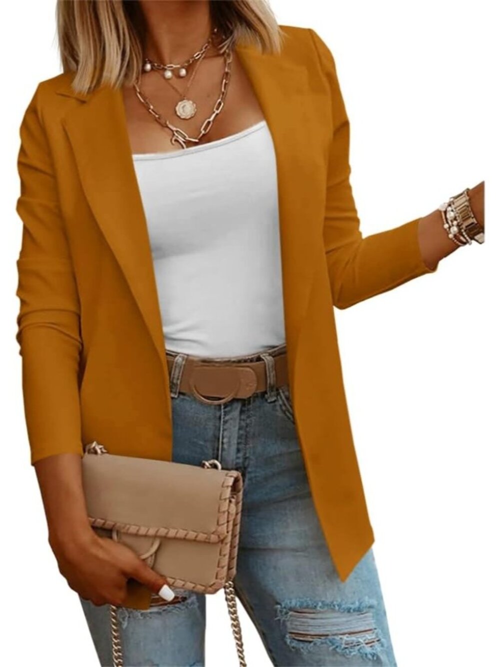 Women's Brown Long Sleeve Knit Blazer Work Business Outfits Open Front Jacket - Picture 3 of 4